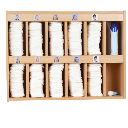 Windelhängeregal mit  Bilderleisten H/T: 71x25 cm, mit Fächern in 2 Reihen, Fachinnenmaße (B/H/T): 14x27x21,5 cm, verschiedene Breiten und Anzahl Fächer