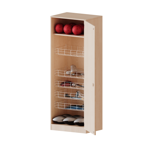 Sportschrank, 5 Ordnerhöhen - Serie evo180 Breite 70,3 cm, Gesamthöhe 190 cm, mit 4 Ballkörben, Tür öffnet rechts oder links, mit Sockel (81 mm)