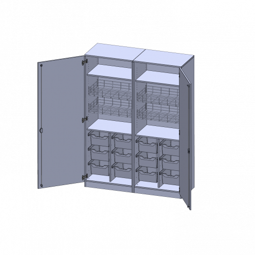 Sportschrank, 5 Ordnerhöhen - Serie evo180 Breite 140,6 cm, Gesamthöhe 190 cm, 4 Ballkörbe, 12 hohe ErgoTray Boxen, mit Sockel (81 mm)