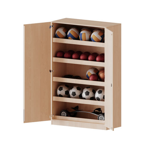 Ballschrank, 5 Ordnerhöhen - Serie evo180 Breite 120 cm, Gesamthöhe 190 cm, 4 Einlegeböden mit Aufkantung für Bälle, mit Sockel (81 mm)