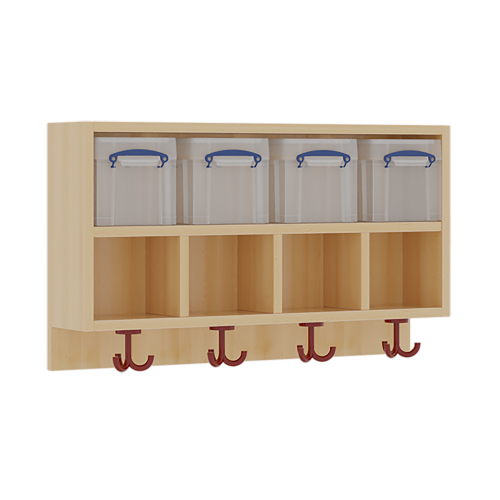 doppelte Garderobenablage H/T: 46x27 cm in verschiedenen Breiten, Ablage zur Wandmontage, oben Boxen, darunter Facheinteilung, unten 3fach-Haken