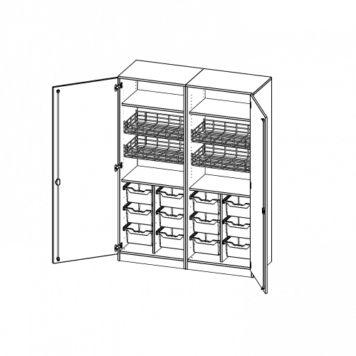 Sportschrank, 5 Ordnerhöhen - Serie evo180 Breite 140,6 cm, Gesamthöhe 190 cm, 4 Ballkörbe, 12 hohe ErgoTray Boxen, mit Sockel (81 mm)