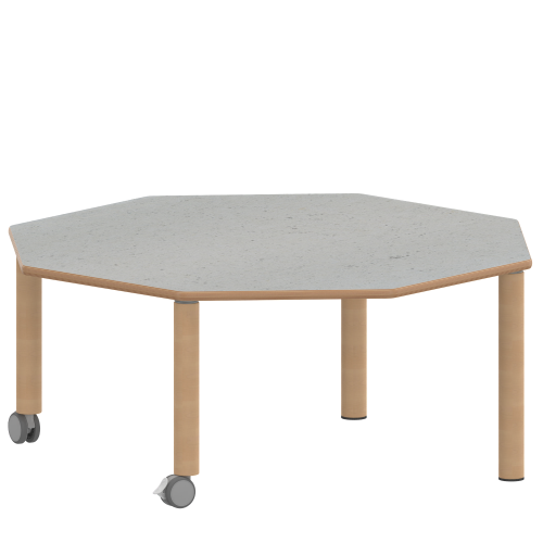 Tisch ZALOTTI mit Linoleum-Belag Achtecktisch ZALOTTI, Plattenmaß B/T: 120x120 cm, verschiedene Tischhöhen, Tischbeine aus Massivholz Ø 60 mm, Tischfuß-Variante: fahrbar