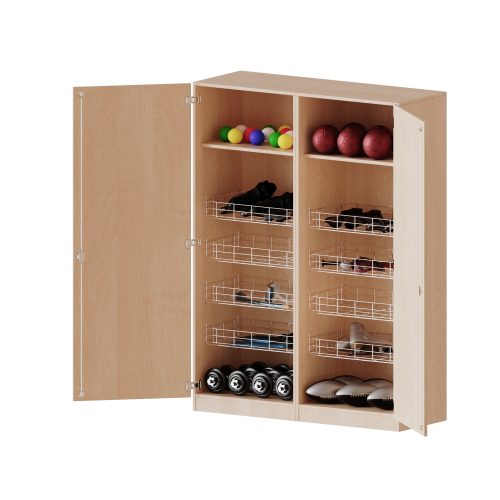 Sportschrank, 5 Ordnerhöhen - Serie evo180 Breite 140,6 cm, Gesamthöhe 190 cm, 8 Ballkörbe, mit Sockel (81 mm)