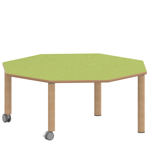 Tisch ZALOTTI mit Linoleum-Belag Achtecktisch ZALOTTI, Plattenmaß B/T: 120x120 cm, verschiedene Tischhöhen, Tischbeine aus Massivholz Ø 60 mm, Tischfuß-Variante: fahrbar