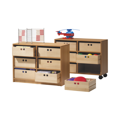 Fahrbares Regal mit MW, 4 Böden und 6 HK 6 B/H/T 104x77x40 cm, Holzkästen Buche