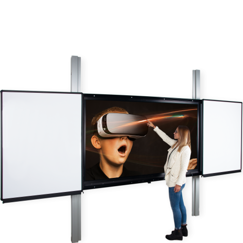 Rail 2.0 - elektrisch höhenverstellbare interaktive Tafel, Halterung für Monitore mit zwei festen Whiteboardflächen, zwei Rollflügeln, Kollisionsschutz & Passepartout, Pylonenlänge 2600 mm