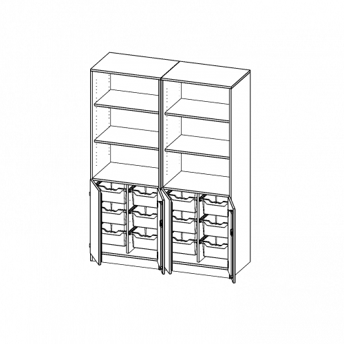 ErgoTray Kombi-Schrank, vierreihig, zweiteilig, 5 Ordnerhöhen - evo180 Serie B/H/T: 140,6x190x50 cm, 2 OH unten mit Türen und 12 hohen ErgoTray Boxen, oben 3 OH Regal, mit Sockel (81 mm), mit Mittelwand
