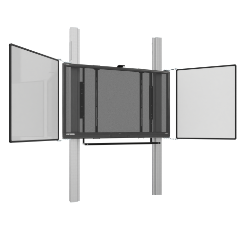 Wandmontiertes 2 Säulen Pylonensystem für Monitore von 75-86" elektrisch höhenverstellbar, 70 cm Hub, mit Universal-Seitenflügeln für 75 oder 86"