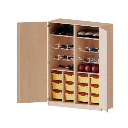 Sportschrank, 5 Ordnerhöhen - Serie evo180 Breite 140,6 cm, Gesamthöhe 190 cm, 4 Ballkörbe, 12 hohe ErgoTray Boxen, mit Sockel (81 mm)