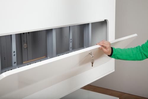 Elektrisch höhenverstellbarer mobiler TV Rolloschrank für 50 bis 55 Zoll Monitore
